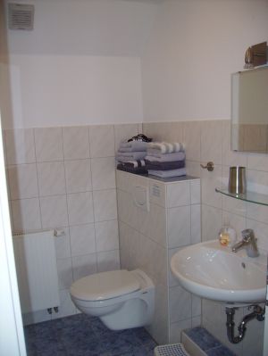 In dieser Wohnung finden Sie das WC mit einem Waschbecken separat zur Dusche. - Bild 16: Ferienhof Schmiddes, Fewo Waschbärenhöhle