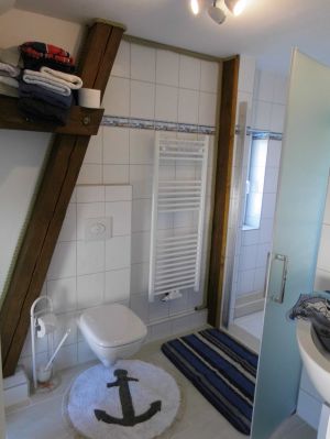 Blick im Badezimmer auf die Dusche - Bild 3: Ferienwohnung OG *** / Pension "Villa Erika" im Seebad Lubmin * Ostsee