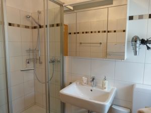 Das Duschbad ist ausgestattet mit Dusche, WC, Waschtisch, großem Spiegelschrank, einem Regal und einer Handtuchheizung. - Bild 13: Eifel-Ferienhaus Fliegenpilz - für Ihren Urlaub mit und ohne Hund