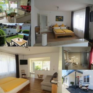 1 Zimmer-Apartment: eigener Eingang, kombiniertes Wohn-Schlafzimmer mit integrierte Eßküche, Terrasse (halb überdacht), digital Flachbild TV, Doppelbett 1,60x2,00 m und Schlafcouch, offener Einbaukleiderschrank und Regal im Flurbereich, Safe, Staubsauger, großes Tageslichtbad mit Dusche/WC. - Bild 3: Gästehaus Sommertal in Meersburg am Bodensee