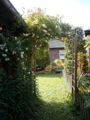 Garten hinter dem Haus mit Blick zum Nachbarhaus - Bild 5: Haus am Fluß, Garten, Nordseenähe, Familien,Paare,Singles, Hund kostenlos