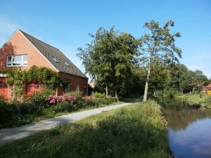Das Haus liegt sehr ruhig an einem kleinen Flußarm und Spazierweg und trotzdem nur 2 Minuten vom Bäcker und der Ortsmitte entfernt. Hier können Sie vo der Haustür angeln, radfahren, joggen, spazieren gehen oder Ihren Hund ausführen. - Bild 1: Haus am Fluß, Garten, Nordseenähe, Familien,Paare,Singles, Hund kostenlos