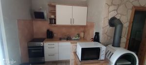 Küchenzeile im Wohnraum Ferienhaus 4
mit 4 Platten Herd, Mikrowelle, Kühlschrank
Kamin - Bild 3: Ferienhof im Ostseebad Rerik- Ferienhaus (Doppelhaus)