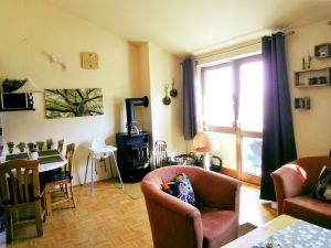 Wohnzimmer mit Kaminofen - Bild 10: Ferienwohnung Mau & Wau Falkenstein