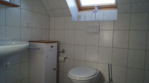 Kleines WC, mit Waschbecken und Dachfenster. Zwischen beiden großen Schlafzimmern - Bild 16: Ferienhaus Kiek Över mit Sauna und Kamin in Prerow