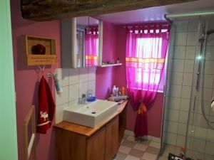 Kleines Bad im UG Kleines Bad im UG
Das kleine Bad im UG ist mit WC, Waschbecken, Spiegelschrank und Dusche ausgestattet.
Ebenso mit einem kleinem Föhn sowie diversen Kosmetikartikeln. - Bild 5: Ferienhaus Hirtengarten Odenwald Tiere willkommen Hessen