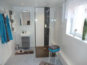 mit ebenerdiger Rainshower-Dusche und direktem Zugang zur Sauna - Bild 8: Ferienhaus mit Hund, zwischen Büsum u. St. Peter, Sauna, Kamin, WLAN