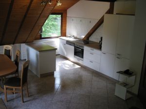 Küche mit Spülmaschine, Kühl- und Gefrierschrank und angrenzendem Essbereich - Bild 1: Ferienwohnung EifelNatur 3 - gemütliche Dachgeschosswohnung mit Balkon