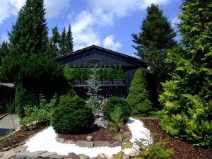Zu sehen der schöne Steinvorgarten mit heimischen Tannen und Sträuchern, der das Ferienhaus EifelNest geborgen einrahmt. - Bild 1: Idyll. Ferienhaus EifelNest & uneinsehb. Sonnenterrasse mit Fernblick