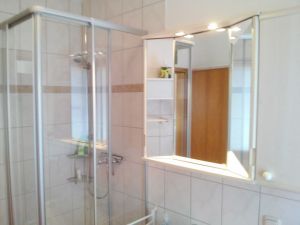 Das Badezimmer verfügt über 1 Dusche, Waschbecken, großer beleuchteter Spiegelschrank, WC, 1 Abstellschrank (mit Waschmaschine). - Bild 16: Idyll. Ferienhaus EifelNest & uneinsehb. Sonnenterrasse mit Fernblick