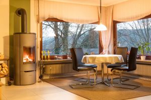 Auch bei schlechterem Wetter können Sie Ausblick genießen, Holz für den Ofen ist reichlich vorhanden - Bild 4: Ferienhaus Zaunkönig Ihr Urlaub mit Hund im Odenwald / Hessen