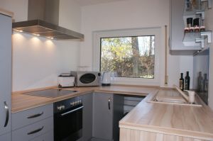 Die Küche ist vollständig ausgestattet: Geschirrspüler, Kühlschrank mit kleinenm Gefrierteil, Ceranfeld, Backofen etc. - Bild 6: Ferienhaus Zaunkönig Ihr Urlaub mit Hund im Odenwald / Hessen