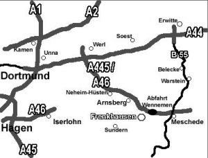 Aus Richtung Ruhrgebiet ist es am einfachsten, wenn Sie über die A44, dann ab Kreuz Werl die A445/A46 in Richtung Meschede fahren. 

Aus Richtung Kassel (Über A44) die Ausfahrt Erwitte nehmen und über die B55 in Richtung Meschede, dann über die A46 in Richtung Arnsberg fahren. 

Dann: Fahren Sie an der Ausfahrt Wennemen von der A46 ab und dann in Richtung Arnsberg/Freienohl. 

In Freienohl folgen Sie der Hauptstrasse bis zur Araltankstelle, an der Sie in Richtung Schmallenberg abbiegen. Nun fahren Sie durch das Dorf Olpe (nicht mit der Stadt am Biggesee verwechseln). Kurz vor Ortsausgang die Vorfahrtstraße Richtung Hellefeld/Sundern (halbrechts) verlassen. Nun etwa 2,5 Kilometer immer geradeaus bis das Ortsdurchgangsschild (grün) Frenkhausen erscheint. - Bild 14: Wunderbare Wanderbasis für Hund und Mensch: Ferienhaus Frenkhausen