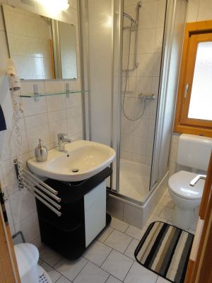 Duschbad mit fester Duschabtrennung, Waschbecken und WC - Bild 6: Blockhausurlaub Bayerischer Wald - ideal für Familien mit Kindern und Hund