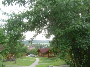 Blick aus dem Ferienpark auf den Ort Stamsried mit dem Barockschloß im Tal. - Bild 15: Urlaub im Blockhaus - Ruhe und Natur für Mensch und Hund
