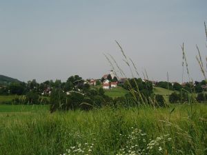 Aufnahme mit Standort Kirchbachaue. Der Ortskern von Stamsried mit dem Marktplatz und der Kirche. - Bild 17: Urlaub im Blockhaus - Ruhe und Natur für Mensch und Hund