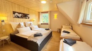 Das frisch renovierte Schlafzimmer ist mit einem neuen Boxspringbett 180x200, zwei Einzelbetten ausgestattet. - Bild 18: exklusive FeWo Waldblick, 2 Schlafzimmer, Elektrokamin, Garten