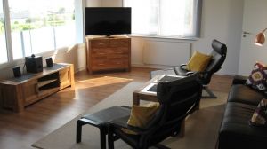 Auch vom gemütlichen Wohnzimmer aus im Sitzen können Sie das Meer geniessen. Gleichzeitig blicken Sie auf den TV. 2 Relaxsessel mit Fußhockern machen die Sache perfekt. - Bild 3: Hundefreundliches Ferienhaus Meersicht Lübecker Bucht bei Grömitz