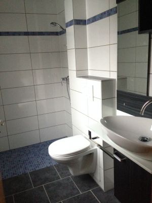obere Etage bodenebene Dusche Utensilien für Kinder wie Podest und Toilettensitz vorhanden - Bild 12: Wellness für Familie und Hund Ferienhaus an Ostsee und Schlei