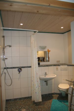 Badezimmer mit Dusche, Waschbecken, WC, Waschmaschine - Bild 8: Ferienhaus "Häusl" in Pfronten im Allgäu