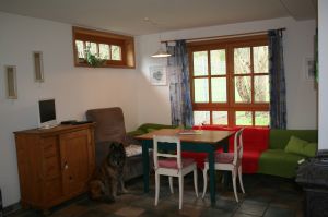 Wohnraum mit Essecke, TV, Blick in die Natur - Bild 5: Ferienhaus "Häusl" in Pfronten im Allgäu