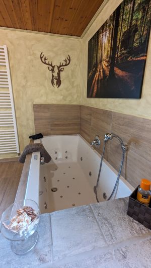 Badezimmer mit bodengleicher Dusche, Whirlpoolbadewanne, Waschbecken, WC - Bild 20: Ferienhaus Gabriela mit eingezäunten Garten und privatem Swimmingpool