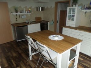 Neue IKEA Küche mit Arbeits/Sitztheke in der Mitte des Raumes. Backofen und Elektroherd mit Ceranfeld, Dunstabzugshaube, Handwaschbecken und Geschirrspülmaschine befinden sich auf dieser Seite. - Bild 9: Nordseenahes Ferienhaus in Ostfriesland für Familie und Co