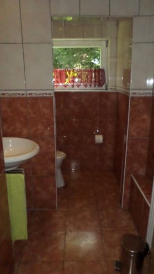 Hier befindet sich die zweite Toilette im Haus. Es ist ein grosses Handwaschbecken, Spiegel, Fön und ein Leiterregal vorhanden. - Bild 15: Nordseenahes Ferienhaus in Ostfriesland für Familie und Co