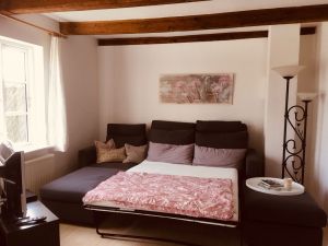 Das Sofa kann in ein bequemes Bett umfunktioniert werden. Bettgröße 140 X 200 cm. - Bild 8: Urlaub mit Hund in Ostseenähe - komplett eingezäunter Garten