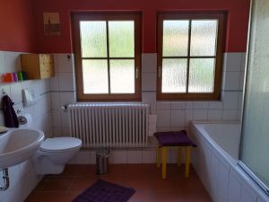 Im Badezimmer gibt es eine Waschmaschine ein Waschbecken, sowie ein WC und eine Badewanne. Auf der Badewanne ist eine Duschwand montiert hinter der man duschen kann. - Bild 3: Ferienwohnung am Vogelsang auf der Halbinsel Höri, Weiler am Bodensee