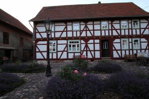 In den Beeten des kopfsteingepflasterten Hofes blühen Rosen und Lavendel - Bild 21: Ferienhaus Kieselbach am Rande der Thüringschen Rhön
