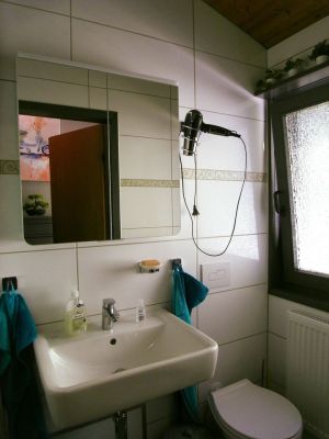 Badezimmer mit Fenster - Bild 14: Ferienhaus Mau & Wau - Waldhessen