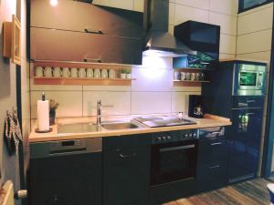 Moderne Küchenzeile mit Ceranfeld,Backofen,Microwelle,Dunstabzug,Kühlschrank und Spülmaschine - Bild 3: Ferienhaus Mau & Wau - Waldhessen