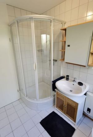 Unser Badezimmer verfügt über eine großzügige Dusche, ein Waschbecken mit Spiegelschrank und Unterschrank, eine Toilette, eine Waschmaschine und eine Infrarotheizung. - Bild 19: Haus mit Zaun an beliebten Wanderrouten mit Blick in den Sternenhimmel