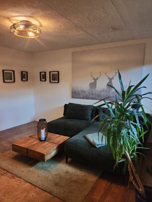 Machen Sie es sich auf der großen Couch gemütlich. Eine regulierbare Lampe unterstützt die wohlige Atmosphäre. - Bild 9: Haus mit Zaun an beliebten Wanderrouten mit Blick in den Sternenhimmel