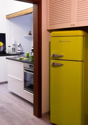 Blick aus dem Flur in die Küche, im Vordergrund neuer Kühlschrank im Retrolook - Bild 9: Ferienwohnung "Die Käuzchenkuhle" - Alleinlage im Wald