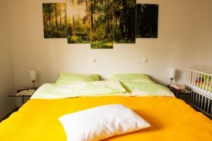gemütliches, großes Doppelbett (1,8 x 2m) mit neuen Matratzen - Bild 10: Ferienwohnung "Die Käuzchenkuhle" - Alleinlage im Wald