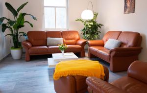 Sofalandschaft & TV - Bild 1: Ferienwohnung "Die Käuzchenkuhle" - Alleinlage im Wald