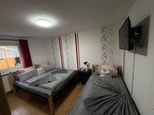 Schlafzimmer mit TV. Ein Doppel- und ein Einzelbett. - Bild 15: Ferienwohnung am Moosweiher