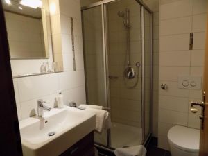 Badezimmer mit Dusche und WC, Handtücher, Badschränkchen, Haartrockner, Kosmetiktücher, Seife, Duschgel und Körperlotion - Bild 5: Ferienwohnung im Allgäu in Nesselwang mit 2 Schlafzimmer