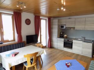 geräumige Wohnküche mit Küchenzeile (Cerankochfeld, Backofen, Kühlschrank mit Gefrierfach), Sofa, Sessel, Eckbank, Flachbildfernseher, - Bild 2: Ferienwohnung im Allgäu in Nesselwang mit 2 Schlafzimmer