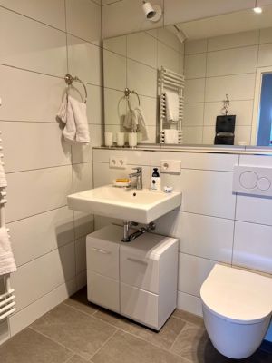 Bad mit WC, bodentiefer Dusche, Haartrockner, Hand- und Badetücher - Bild 15: Ferienwohnung Tannenduft im Schwarzwald