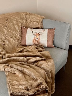 Sofa und Sessel mit gemütlichen Decken und Kissen für einen entspannten Aufenthalt - Bild 10: Ferienwohnung Tannenduft im Schwarzwald