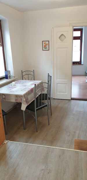 vom Esstisch aus kann man auf den Hofplatz und ein wenig Grün blicken. - Bild 3: FeWo Lütt Matten im Herzen Flensburgs und dennoch idyllisch und ruhig