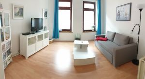 vom Essbereich aus gelangt man in die gemütliche Stube mit Schlafcouch. Bücher und Spiele laden zu gemütlichen Abenden ein. Selbstverständlich ist auch ein Fernseher vorhanden. - Bild 5: FeWo Lütt Matten im Herzen Flensburgs und dennoch idyllisch und ruhig